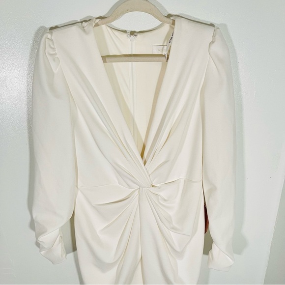 NEW Tadashi Shoji Sabine Plunge V-Neck Twist-Front Long-Sleeve Mini Dress White - Picture 4 of 12